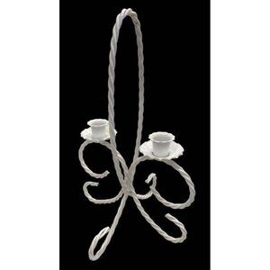 Vintage White Wrought Iron Double Candle Holder With Twisted Handle & Floral Des